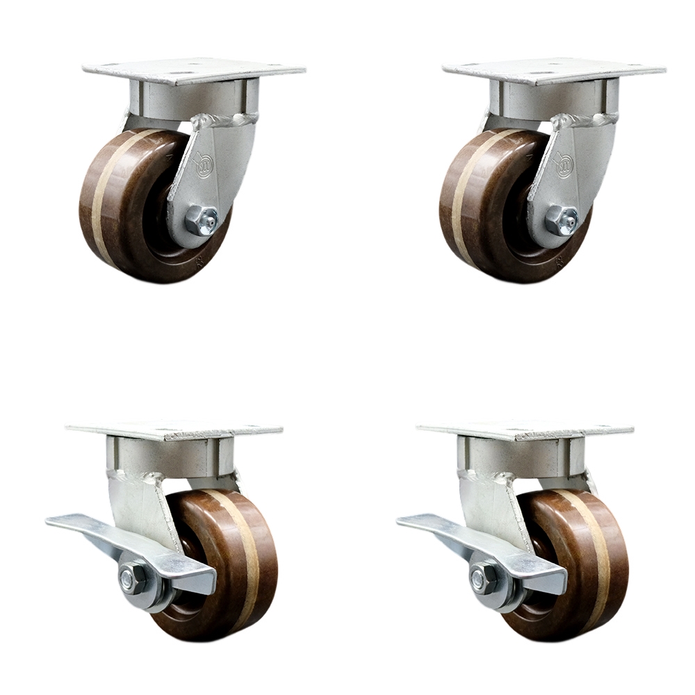 Kingpinless High Temperature Phenolic Swivel Top Plate Caster Set of 4 w/4" x 2" Brown Wheels - Includes 2 Swivel with Brakes & 2 Swivel - 3200 lbs Total Capacity - Service Caster Brand — photo 1