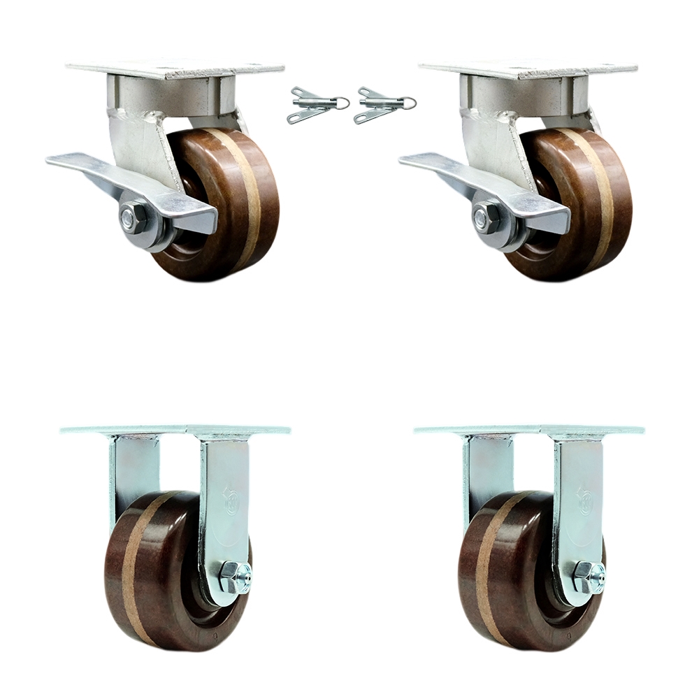 Kingpinless High Temperature Phenolic Swivel Top Plate Caster Set of 4 w/4" x 2" Brown Wheels - Includes 2 Swivel with Bolt on Swivel Locks & 2 Rigid - 3200 lbs Total Capacity - Service Caster Brand — photo 1