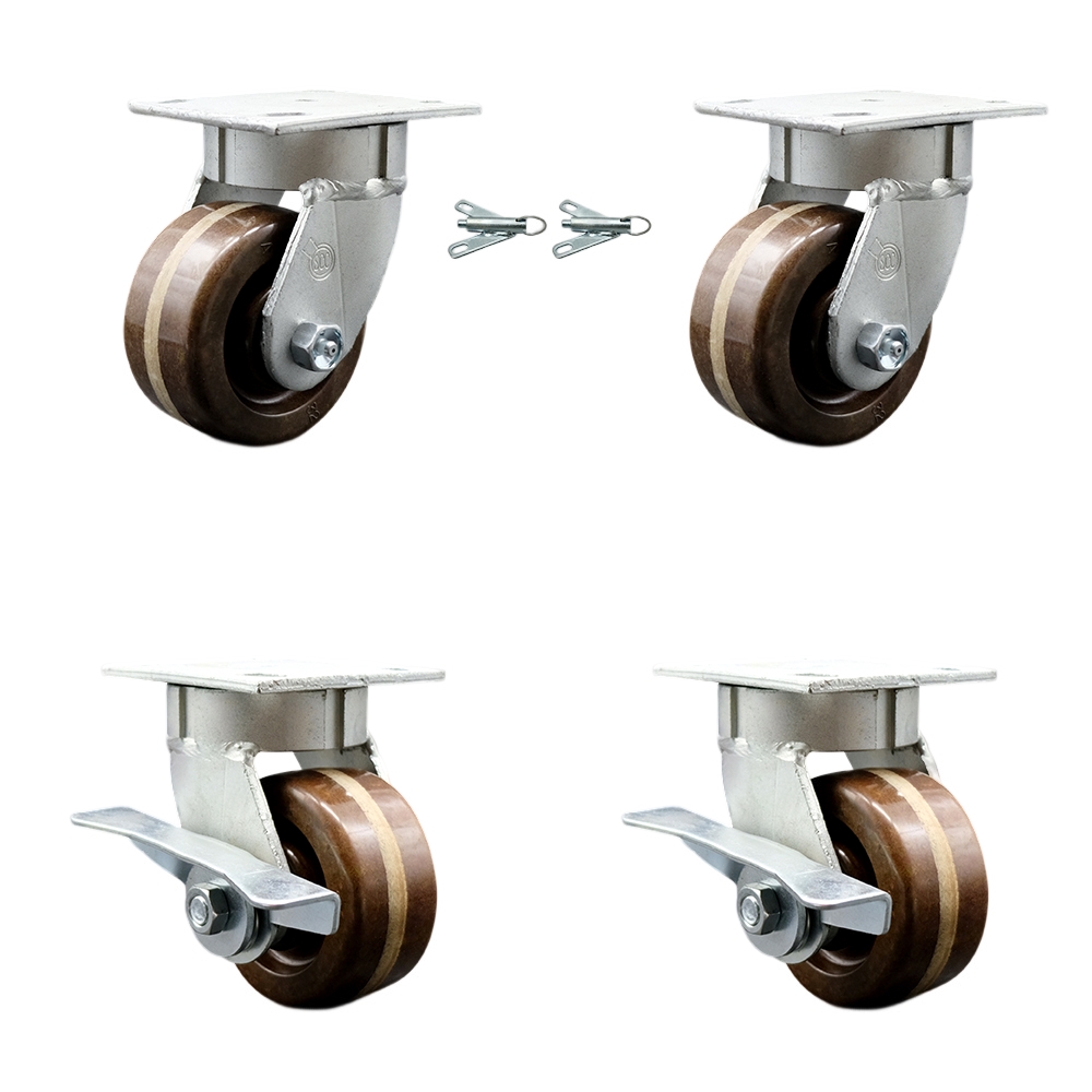 Kingpinless High Temperature Phenolic Swivel Top Plate Caster Set of 4 w/4" x 2" Brown Wheels-Includes 2 Swivel with Bolt on Swivel Locks&2 Swivel with Brakes-3200lbs Total Cpty - Service Caster Brand — photo 1