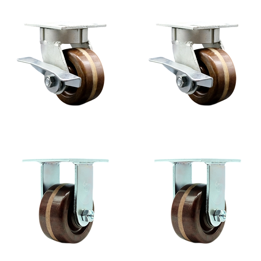 Heavy Duty Kingpinless Swivel Caster Set of 4 with 4 Inch High Temp Glass Filled Nylon Wheels and Bronze Bearings-Include 2 Swivel with Brake and 2 Rigid-2,400 lbs. Total Capacity-Service Caster Brand — photo 1