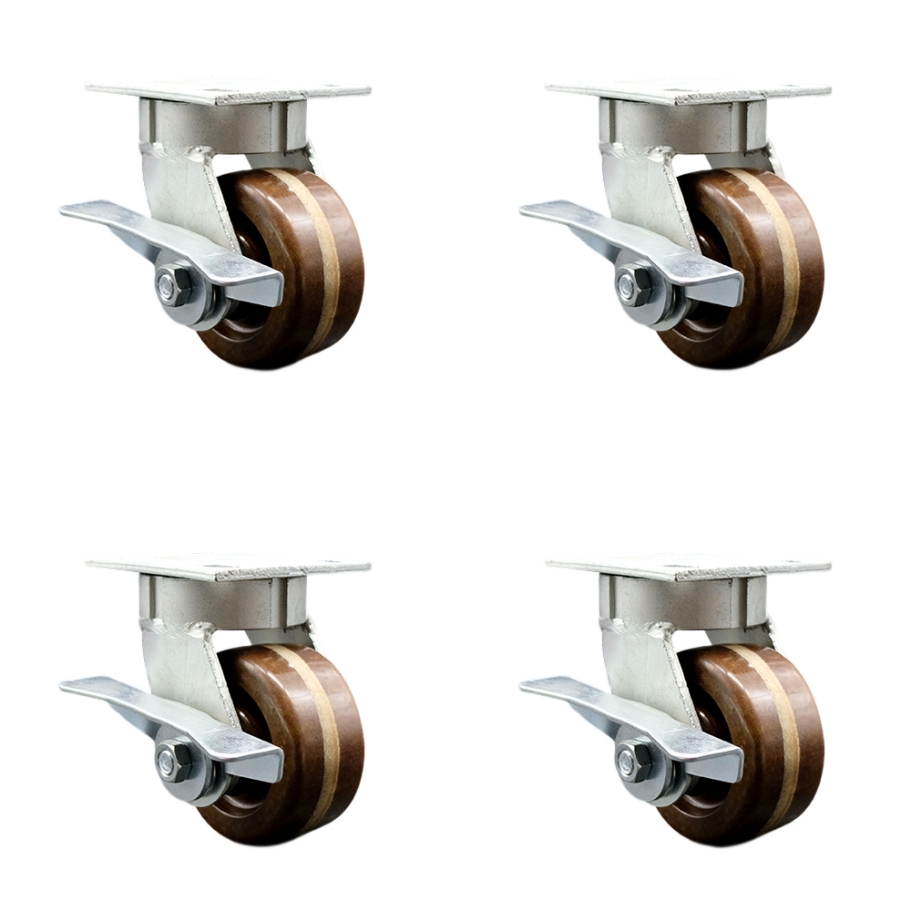 Kingpinless High Temperature Phenolic Swivel Top Plate Caster Set of 4 w/4" x 2" Brown Wheels - Includes 4 Swivel w/Side Lck Brakes - 3200 lbs Total Capacity - Service Caster Brand — photo 1