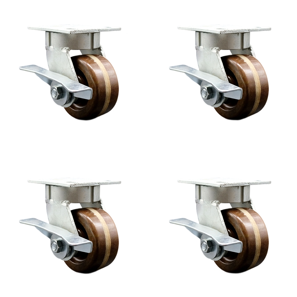 Kingpinless High Temp Phenolic Swivel Top Plate Caster Set 4 w/4" x 2" Brown Wheels-Includes 2 Swivel with Brakes and Bolt on Swivel Locks&2 Swivel with Brakes-3200 lbs Total Cpty-Service Caster Brand — photo 1