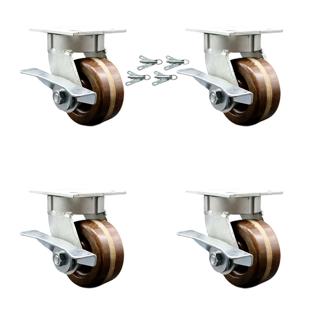 Kingpinless High Temperature Phenolic Swivel Top Plate Caster Set of 4 w/4" x 2" Brown Wheels - Includes 4 Swivel w/Side Lck Brakes & Bolt on Swivel Locks-3200lbs Total Capacity - Service Caster Brand — photo 1