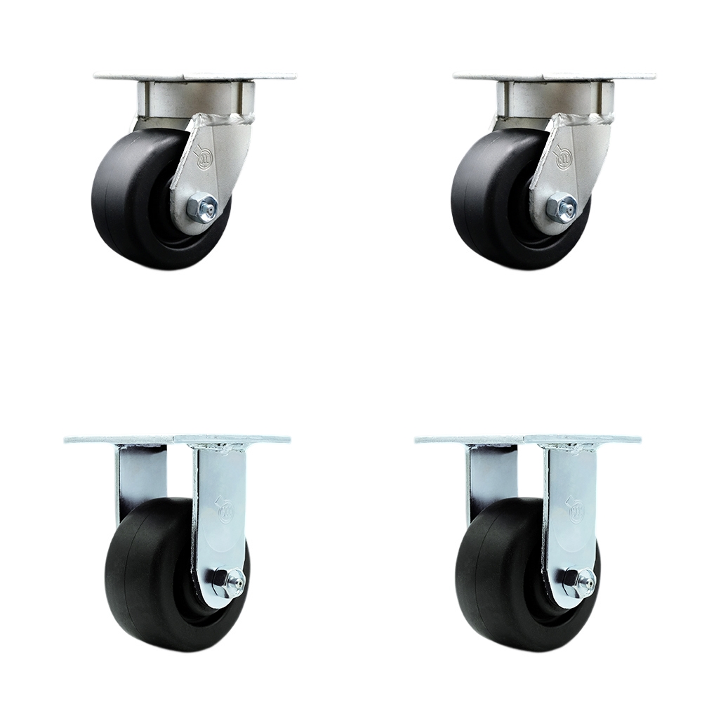 Kingpinless Polyolefin Swivel Top Plate Caster Set of 4 w/4" x 2" Black Wheels - Includes 2 Swivel & 2 Rigid - 2000 lbs Total Capacity - Service Caster Brand — photo 1