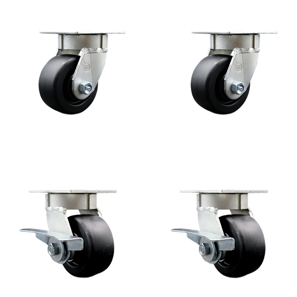 Kingpinless Polyolefin Swivel Top Plate Caster Set of 4 w/4" x 2" Black Wheels - Includes 2 Swivel with Brakes & 2 Swivel - 2000 lbs Total Capacity - Service Caster Brand — photo 1