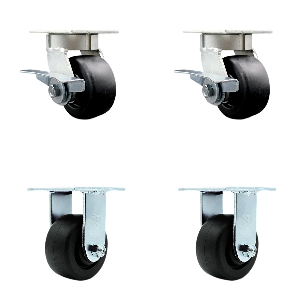 Kingpinless Polyolefin Swivel Top Plate Caster Set of 4 w/4" x 2" Black Wheels - Includes 2 Swivel with Brakes & 2 Rigid - 2000 lbs Total Capacity - Service Caster Brand — photo 1