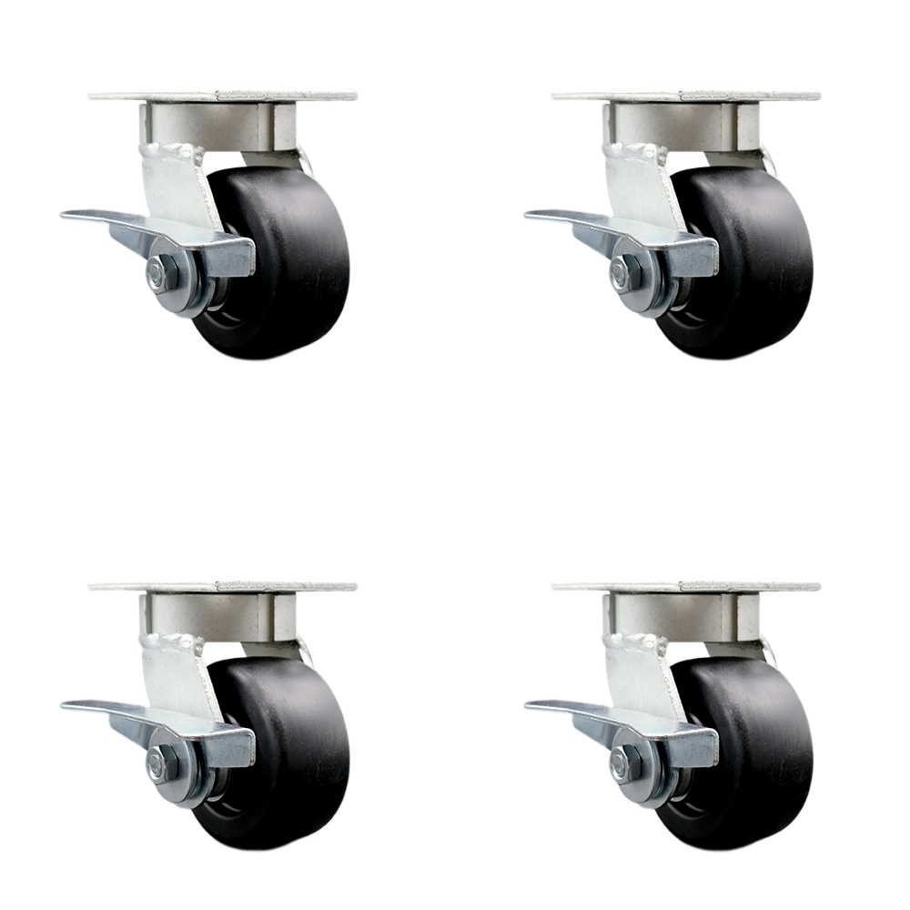Kingpinless Polyolefin Swivel Top Plate Caster Set of 4 w/4" x 2" Black Wheels - Includes 4 Swivel w/Side Lck Brakes - 2000 lbs Total Capacity - Service Caster Brand — photo 1