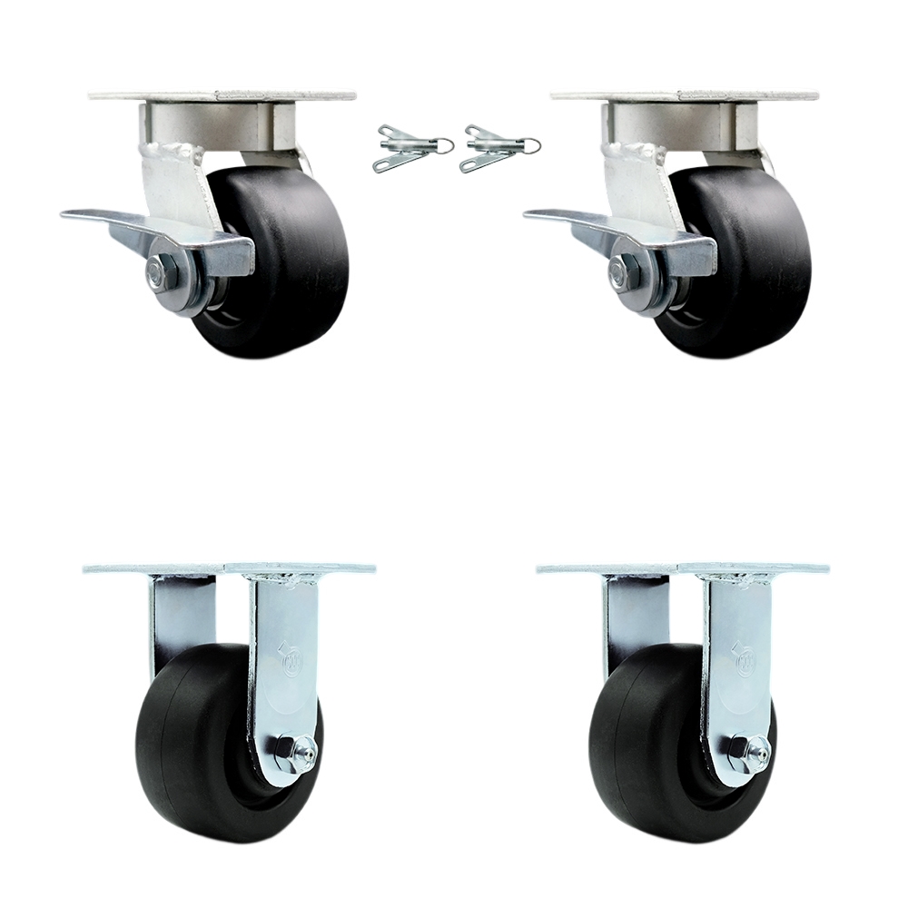 Kingpinless Polyolefin Swivel Top Plate Caster Set of 4 w/4" x 2" Black Wheels - Includes 2 Swivel with Brakes and Bolt on Swivel Locks & 2 Rigid-2000 lbs Total Capacity - Service Caster Brand — photo 1