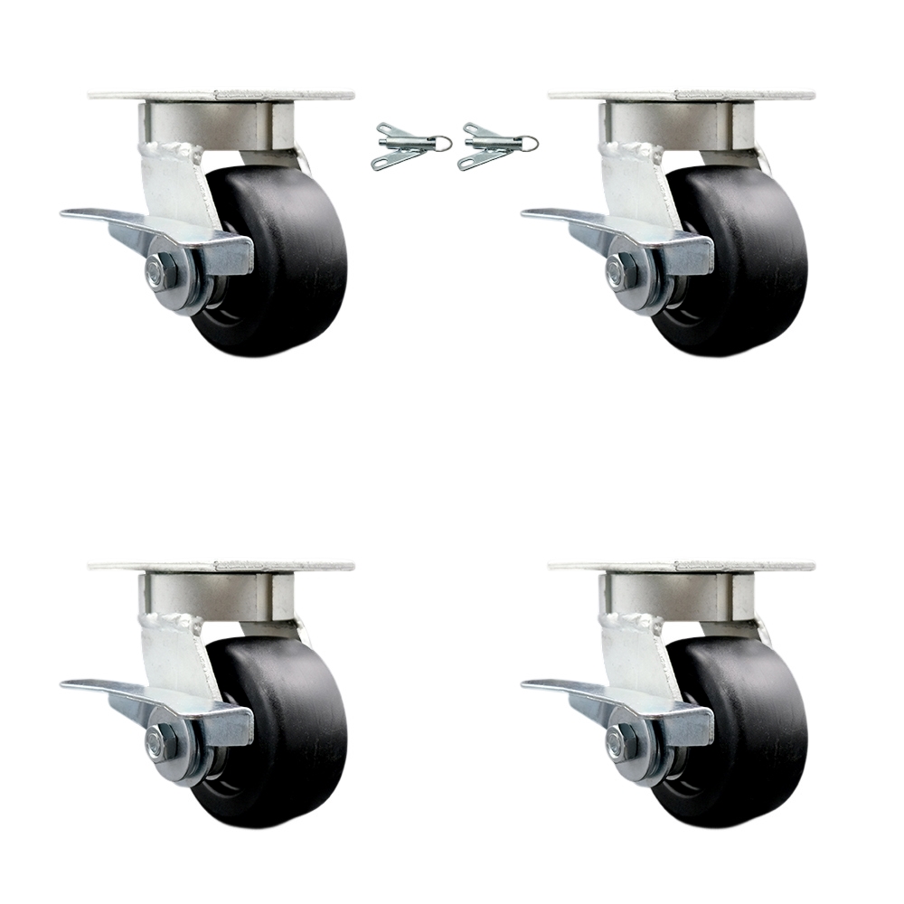 Kingpinless Polyolefin Swivel Top Plate Caster Set 4 w/4" x 2" Black Wheels-Includes 2 Swivel with Brakes and Bolt on Swivel Locks&2 Swivel with Brakes-2000 lbs Total Cpty-Service Caster Brand — photo 1