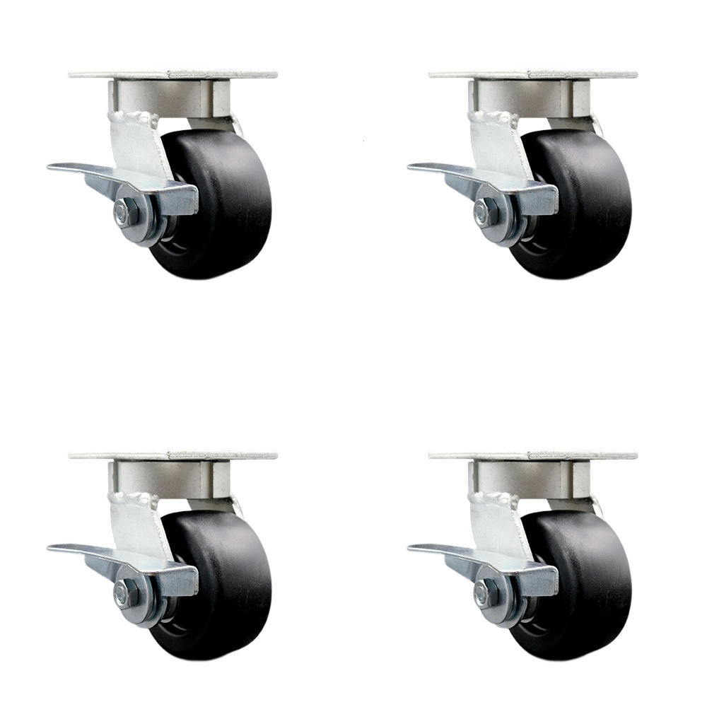 Kingpinless Polyolefin Swivel Top Plate Caster Set of 4 w/4" x 2" Black Wheels - Includes 4 Swivel w/Side Lck Brakes & Bolt on Swivel Locks - 2000 lbs Total Capacity - Service Caster Brand — photo 1