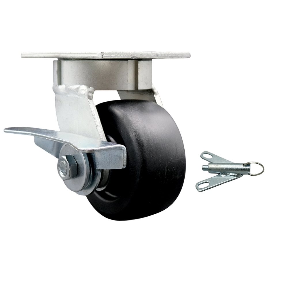 Kingpinless Polyolefin Swivel Top Plate Caster w/4" x 2" Black Wheel & Side Lck Brake and Bolt on Swivel Lock - 500 lbs Capacity/Caster - Service Caster Brand — photo 1