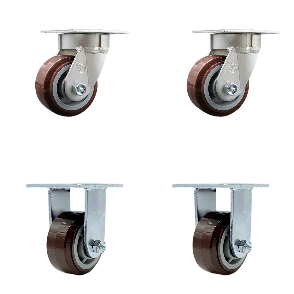 Kingpinless Polyurethane on Polyolefin Swivel Top Plate Caster Set of 4 w/4" x 2" Maroon Wheels - Includes 2 Swivel & 2 Rigid - 2400 lbs Total Capacity - Service Caster Brand — photo 1