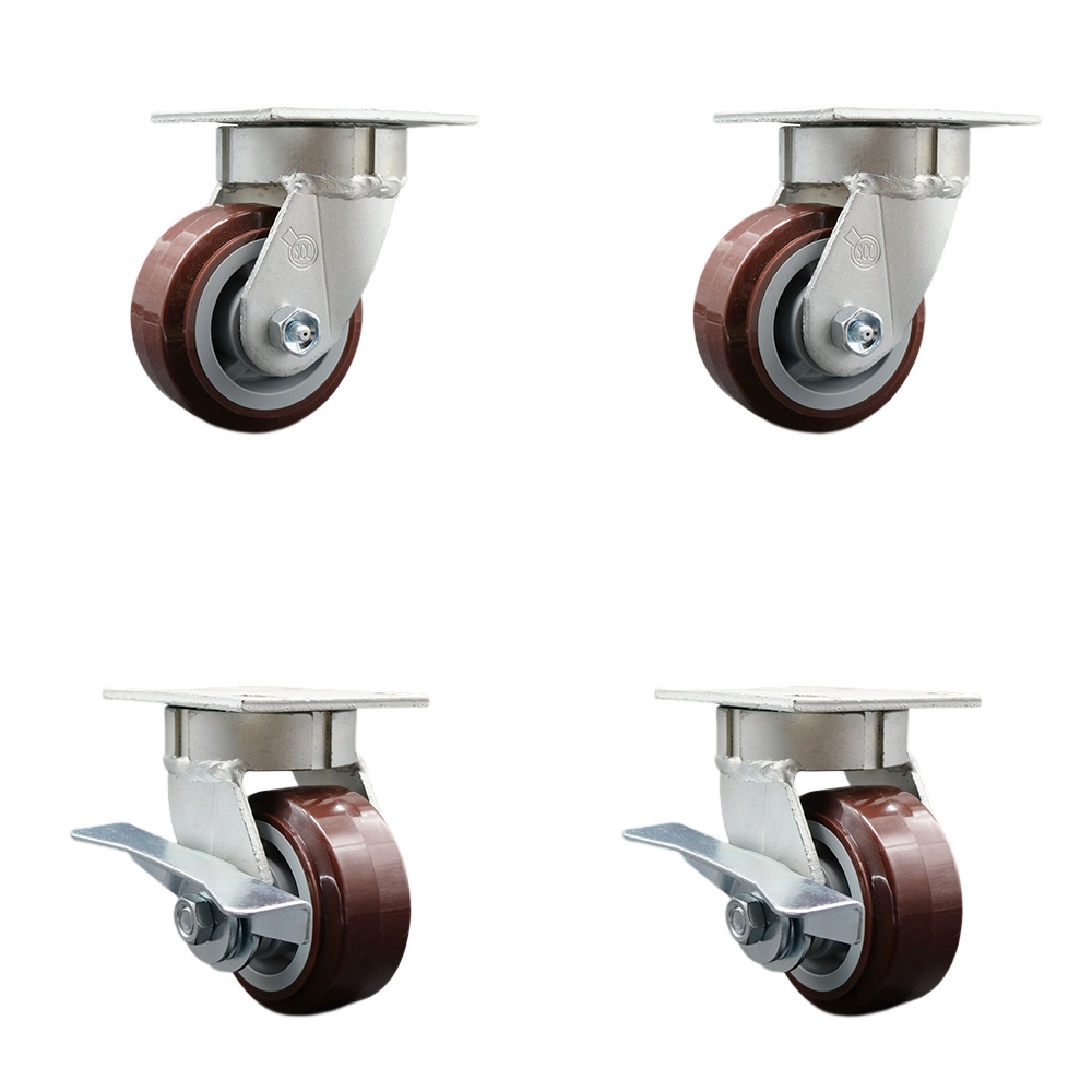 Kingpinless Polyurethane on Polyolefin Swivel Top Plate Caster Set of 4 w/4" x 2" Maroon Wheels - Includes 2 Swivel with Brakes & 2 Swivel - 2400 lbs Total Capacity - Service Caster Brand — photo 1