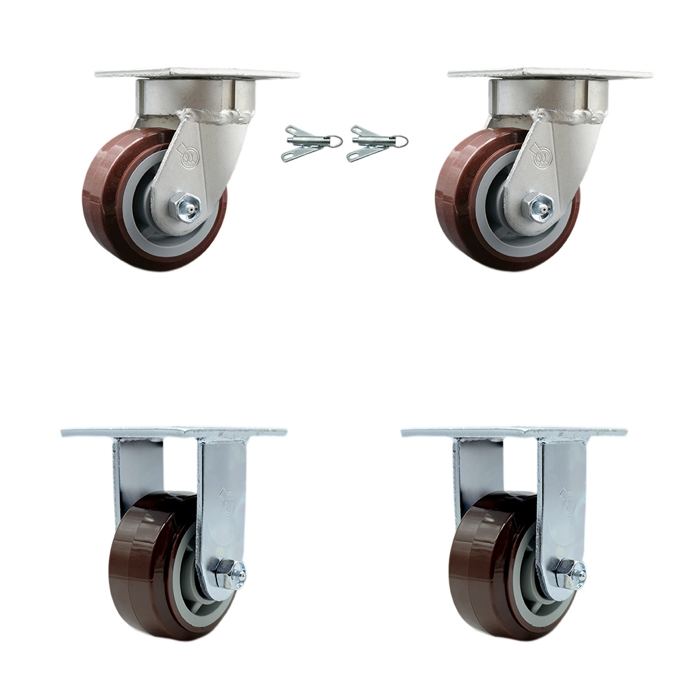 Kingpinless Polyurethane on Polyolefin Swivel Top Plate Caster Set of 4 w/4" x 2" Maroon Wheels - Includes 2 Swivel with Bolt on Swivel Locks & 2 Rigid - 2400 lbs Total Capacity - Service Caster Brand — photo 1