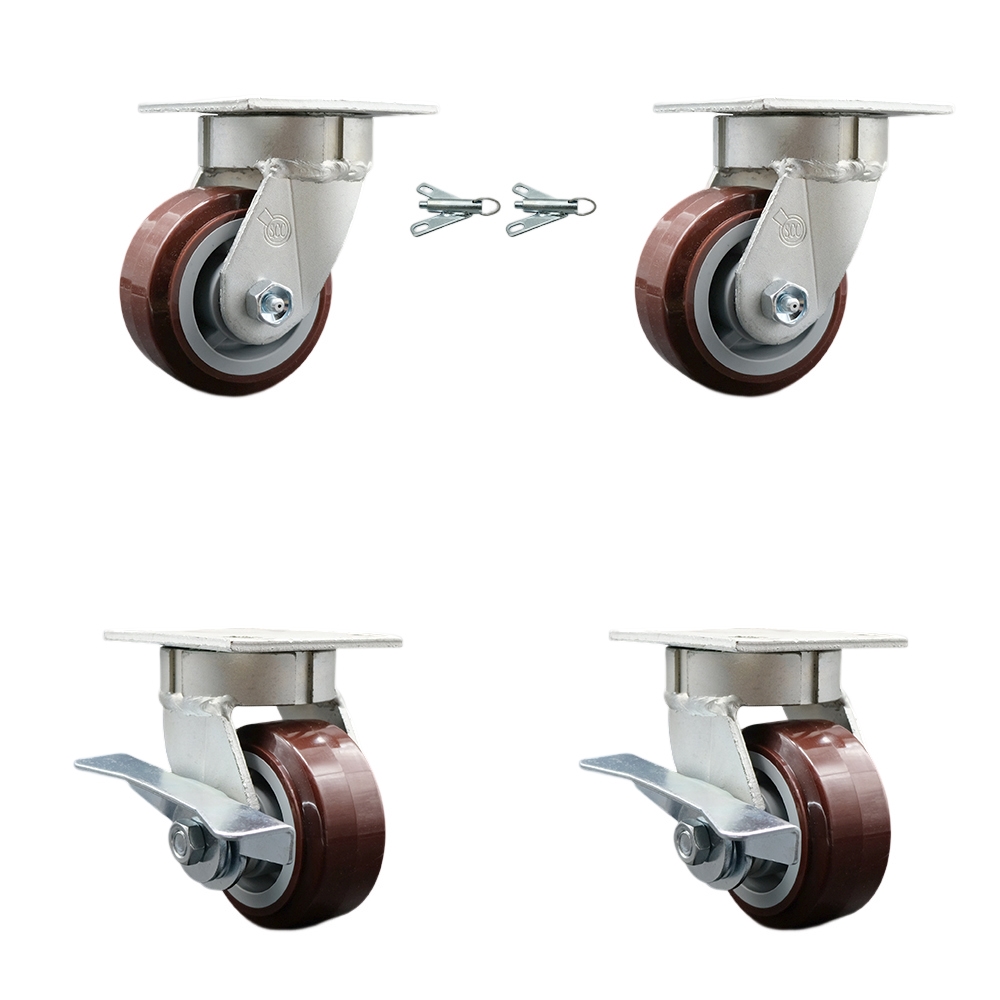 Kingpinless Polyurethane on Polyolefin Swivel Top Plate Caster Set of 4 w/4" x 2" Maroon Wheels-Includes 2 Swivel with Bolt on Swivel Locks&2 Swivel with Brakes-2400lbs Total Cpty-Service Caster Brand — photo 1