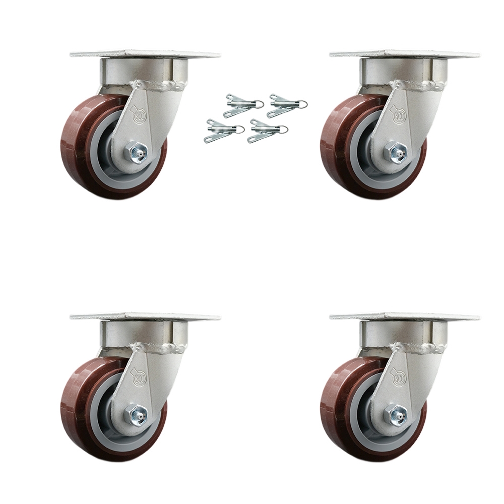 Kingpinless Polyurethane on Polyolefin Swivel Top Plate Caster Set of 4 w/4" x 2" Maroon Wheels - Includes 4 Swivel w/Bolt on Swivel Locks - 2400 lbs Total Capacity - Service Caster Brand — photo 1