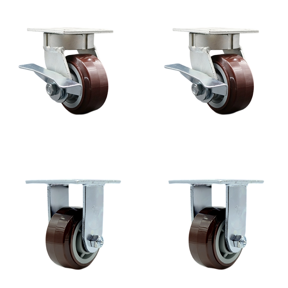 Kingpinless Polyurethane on Polyolefin Swivel Top Plate Caster Set of 4 w/5" x 2" Maroon Wheels - Includes 2 Swivel with Brakes & 2 Rigid - 3000 lbs Total Capacity - Service Caster Brand — photo 1