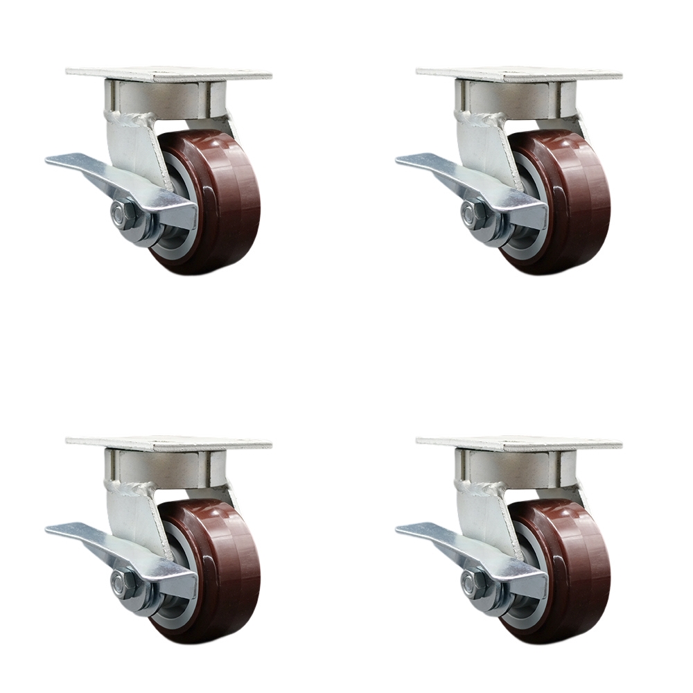 Kingpinless Polyurethane on Polyolefin Swivel Top Plate Caster Set of 4 w/4" x 2" Maroon Wheels - Includes 4 Swivel w/Side Lck Brakes - 2400 lbs Total Capacity - Service Caster Brand — photo 1