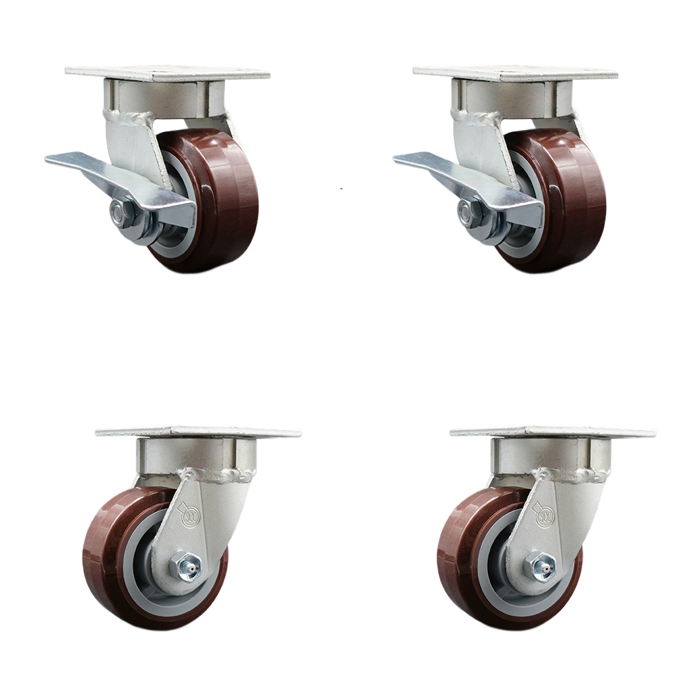 Kingpinless Poly on Polyolefin Swivel Top Plate Caster Set 4 w/4" x 2" Maroon Wheels-Includes 2 Swvl w/Brakes and Bolt on Swvl Lcks&2 Swvl w/Bolt on Swvl Lcks-2400lbs Total Cpty - Service Caster Brand — photo 1