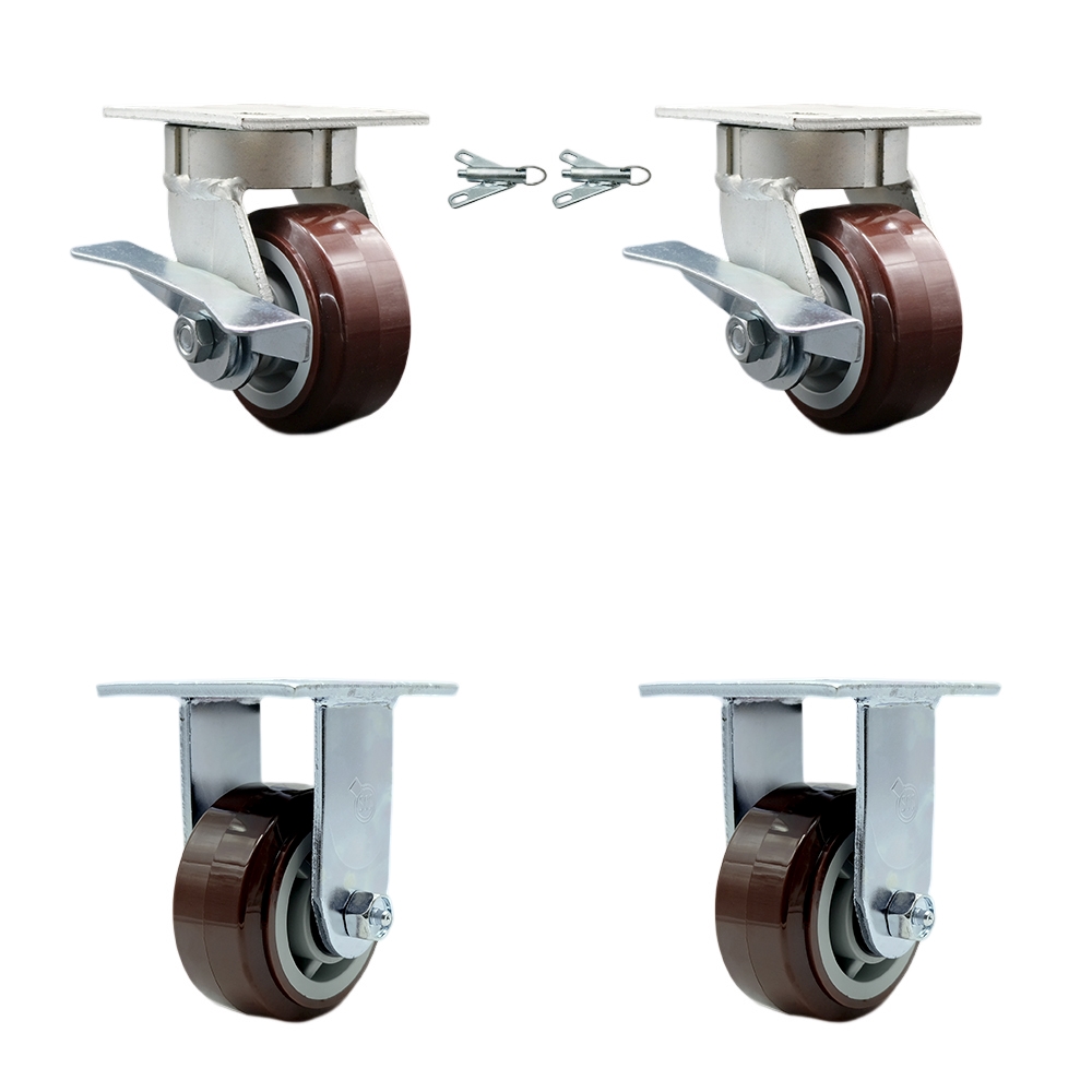 Kingpinless Polyurethane on Polyolefin Swivel Top Plate Caster Set of 4 w/4" x 2" Maroon Wheels-Includes 2 Swivel with Brakes and Bolt on Swivel Locks & 2 Rigid-2400lbs Total Cpty-Service Caster Brand — photo 1