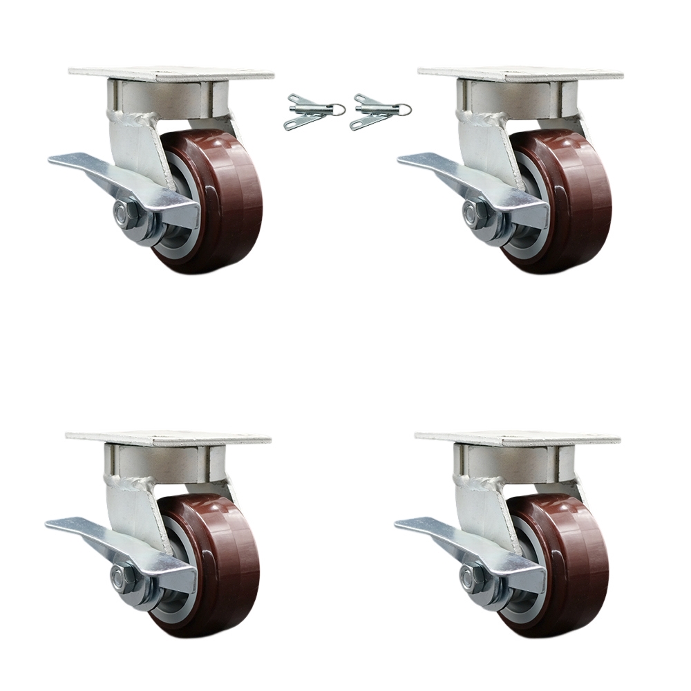 Kingpinless Poly on Polyolefin Swivel Top Plate Caster Set 4 w/4" x 2" Maroon Wheels-Includes 2 Swivel w/Brakes and Bolt on Swivel Locks&2 Swivel with Brakes-2400 lbs Total Cpty - Service Caster Brand — photo 1