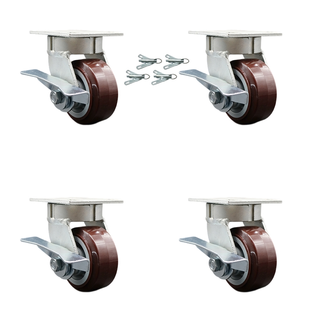 Kingpinless Polyurethane on Polyolefin Swivel Top Plate Caster Set of 4 w/4" x 2" Maroon Wheels - Includes 4 Swivel w/Side Lck Brakes & Bolt on Swivel Locks-2400lbs Total Capacity-Service Caster Brand — photo 1