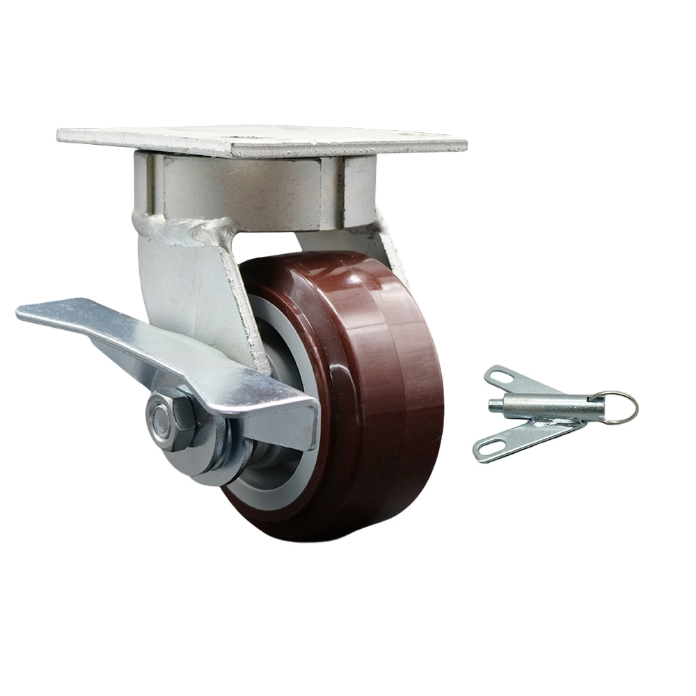 Kingpinless Polyurethane on Polyolefin Swivel Top Plate Caster w/4" x 2" Maroon Wheel & Side Lck Brake and Bolt on Swivel Lock - 600 lbs Capacity/Caster - Service Caster Brand — photo 1