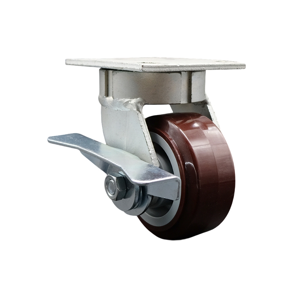 Kingpinless Polyurethane on Polyolefin Swivel Top Plate Caster w/4" x 2" Maroon Wheel & Side Lck Brake - 600 lbs Capacity/Caster - Service Caster Brand — photo 1