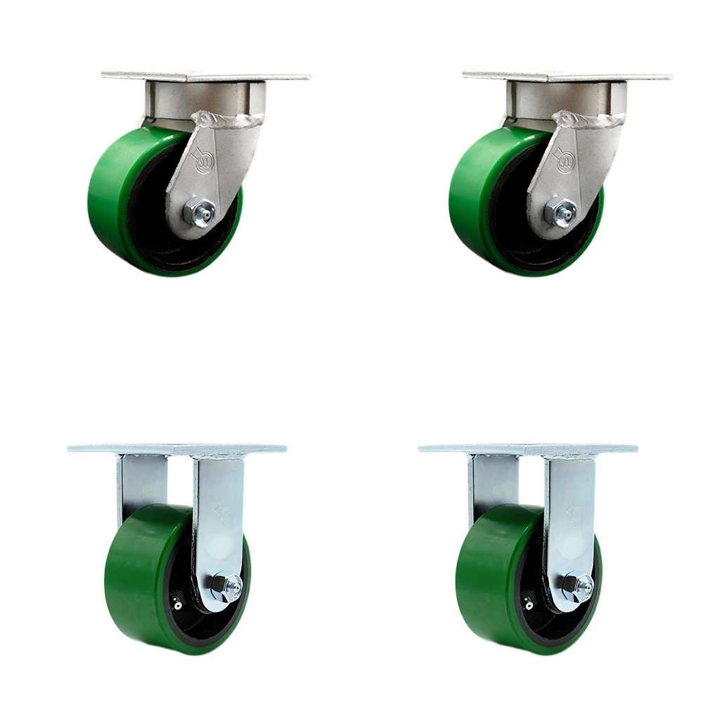 Kingpinless Polyurethane on Cast Iron Swivel Top Plate Caster Set of 4 w/4" x 2" Green Wheels - Includes 2 Swivel & 2 Rigid - 2800 lbs Total Capacity - Service Caster Brand — photo 1