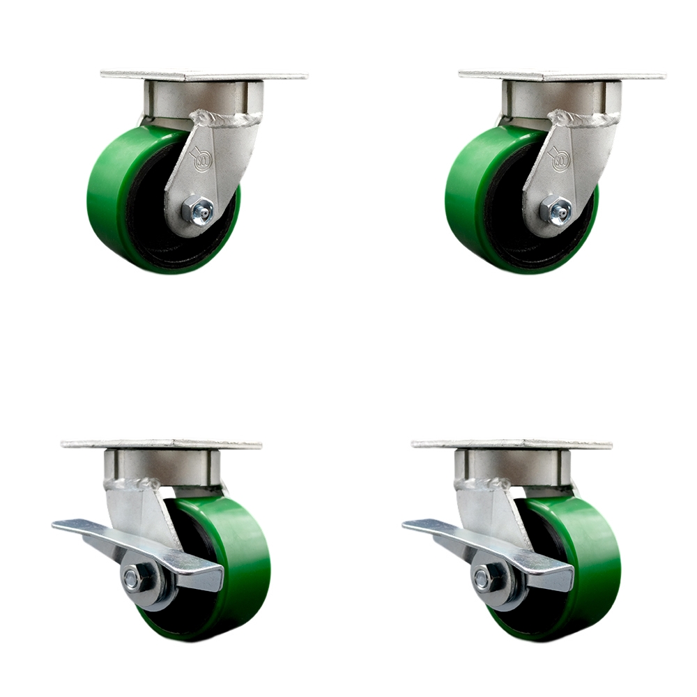 Kingpinless Polyurethane on Cast Iron Swivel Top Plate Caster Set of 4 w/4" x 2" Green Wheels - Includes 2 Swivel with Brakes & 2 Swivel - 2800 lbs Total Capacity - Service Caster Brand — photo 1