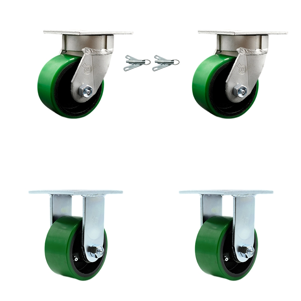 Kingpinless Polyurethane on Cast Iron Swivel Top Plate Caster Set of 4 w/4" x 2" Green Wheels - Includes 2 Swivel with Bolt on Swivel Locks & 2 Rigid - 2800 lbs Total Capacity - Service Caster Brand — photo 1