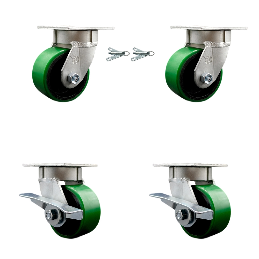 Kingpinless Polyurethane on Cast Iron Swivel Top Plate Caster Set of 4 w/4" x 2" Green Wheels-Includes 2 Swivel with Bolt on Swivel Locks&2 Swivel with Brakes-2800lbs Total Cpty - Service Caster Brand — photo 1