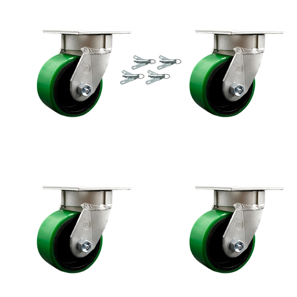 Kingpinless Polyurethane on Cast Iron Swivel Top Plate Caster Set of 4 w/4" x 2" Green Wheels - Includes 4 Swivel w/Bolt on Swivel Locks - 2800 lbs Total Capacity - Service Caster Brand — photo 1