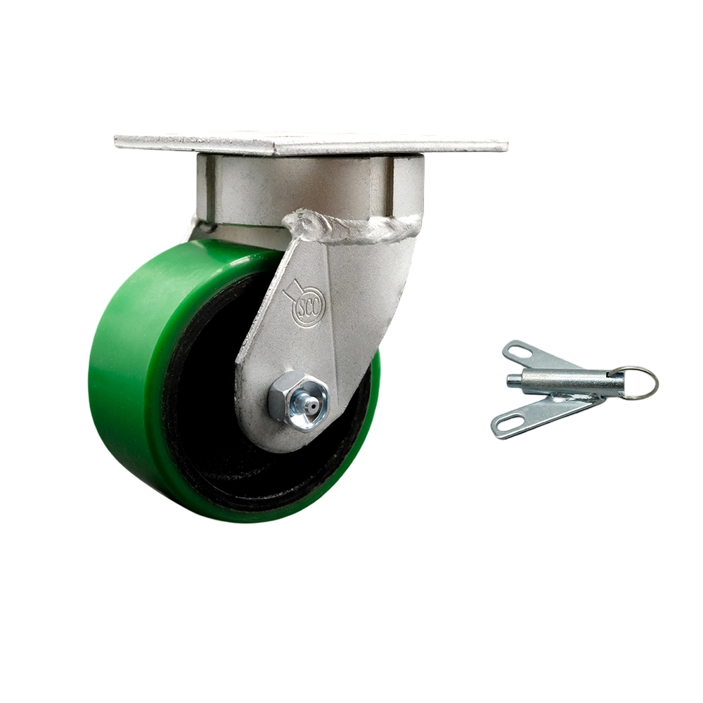 Kingpinless Polyurethane on Cast Iron Swivel Top Plate Caster w/4" x 2" Green Wheel & Bolt on Swivel Lock - 700 lbs Capacity/Caster - Service Caster Brand — photo 1