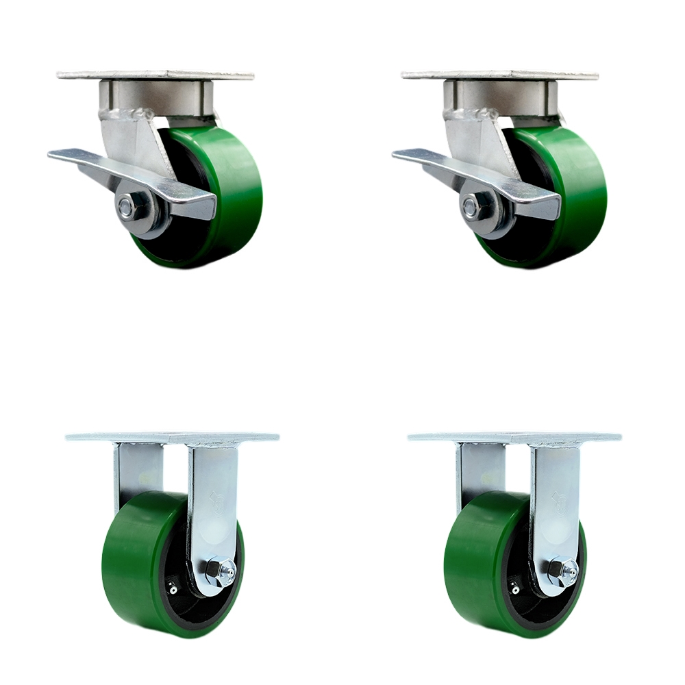 Kingpinless Polyurethane on Cast Iron Swivel Top Plate Caster Set of 4 w/4" x 2" Green Wheels - Includes 2 Swivel with Brakes & 2 Rigid - 2800 lbs Total Capacity - Service Caster Brand — photo 1