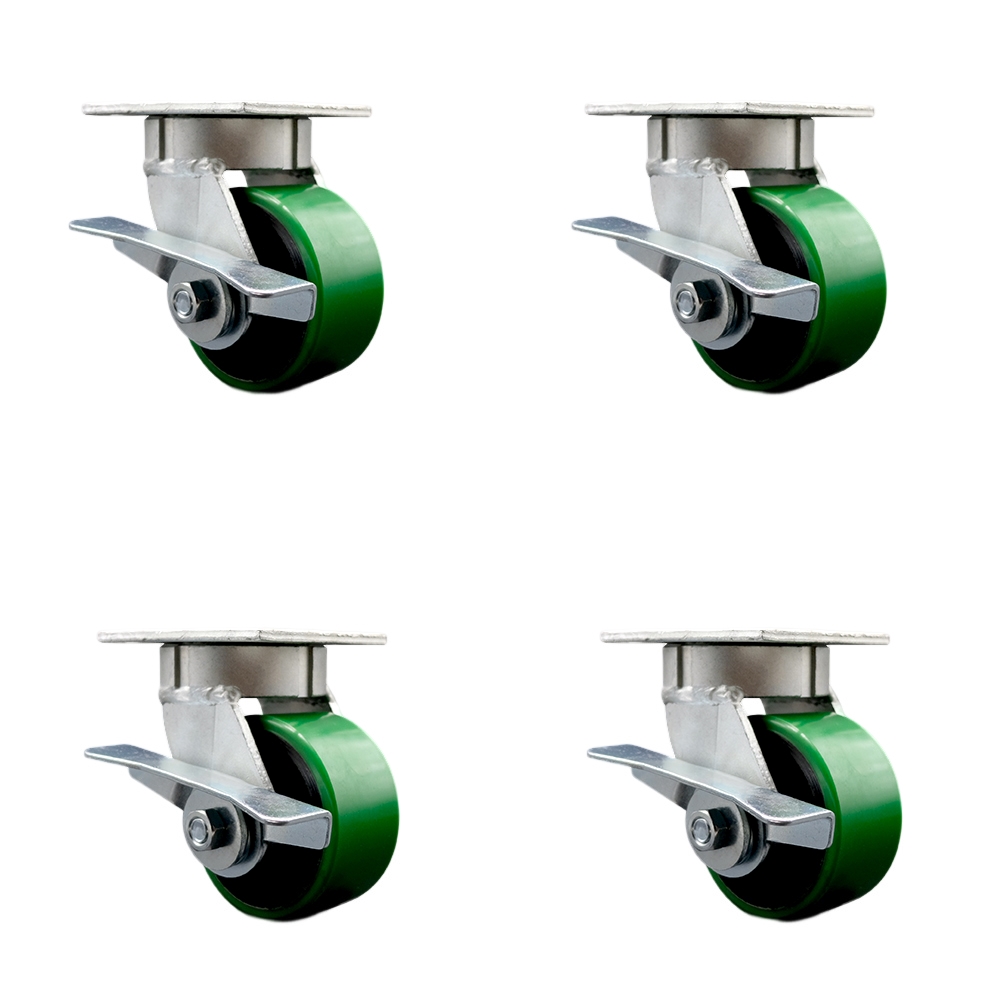 Heavy Duty Kingpinless Swivel Caster Set of 4 with 4 Inch Green Poly on Cast Iron Wheels and Ball Bearings - Includes 4 Swivel with Side Lock Brakes - 2,800 lbs. Total Capacity - Service Caster Brand — photo 1