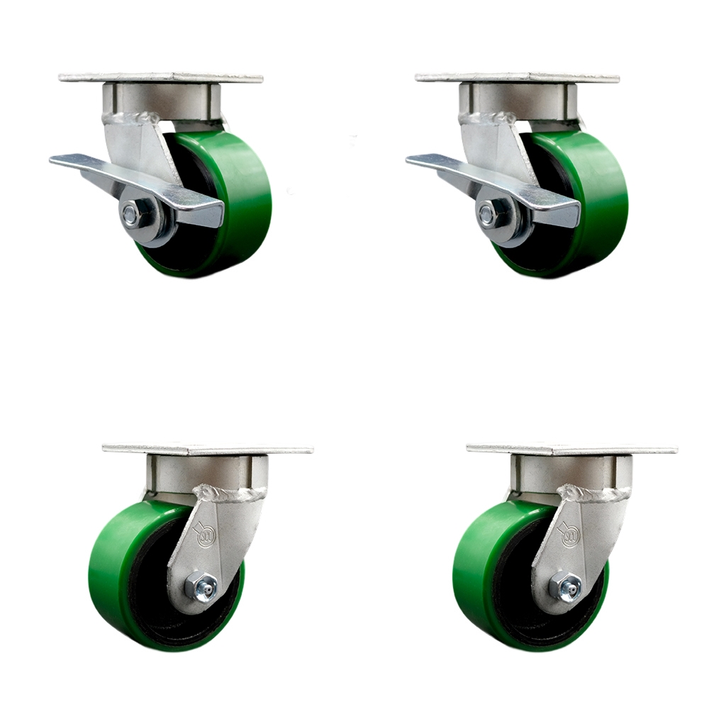 Kingpinless Poly on Cast Iron Swivel Top Plate Caster Set 4 w/4" x 2" Green Wheels-Includes 2 Swvl w/Brakes and Bolt on Swvl Lcks& 2 Swvl w/Bolt on Swvl Lcks-2800 lbs Total Cpty - Service Caster Brand — photo 1