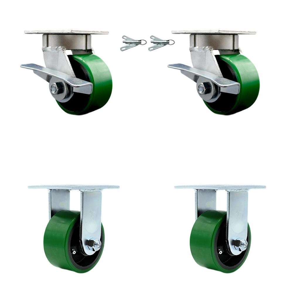 Kingpinless Polyurethane on Cast Iron Swivel Top Plate Caster Set of 4 w/4" x 2" Green Wheels - Includes 2 Swivel with Brakes and Bolt on Swivel Locks&2 Rigid-2800lbs Total Cpty - Service Caster Brand — photo 1