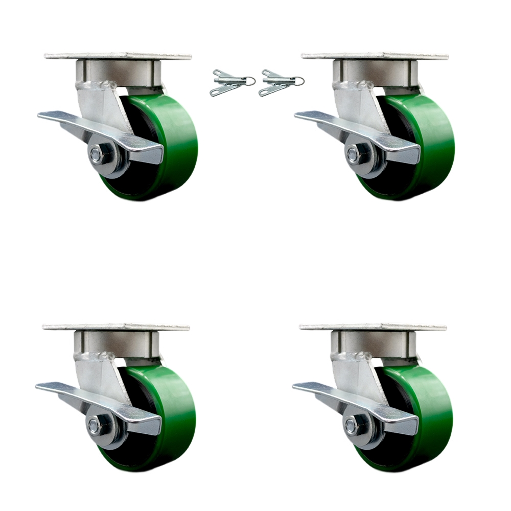 Heavy Duty Kingpinless Swivel Caster Set of 4 with 4 Inch Green Poly on Cast Iron Wheels and Ball Bearings-Includes 2 Swivel with Brake&Bolt on Swivel Lock and 2 Swivel with Brake-Service Caster Brand — photo 1