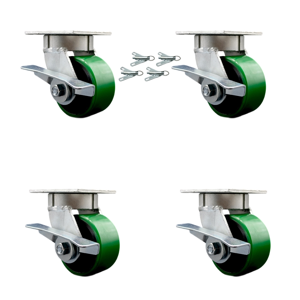 Heavy Duty Kingpinless Swivel Caster Set of 4 with 4 Inch Green Polyurethane on Cast Iron Wheels and Ball Bearings-Includes 4 Swivel with Side Lock Brakes and Bolt on Swivel Locks-Service Caster Brand — photo 1