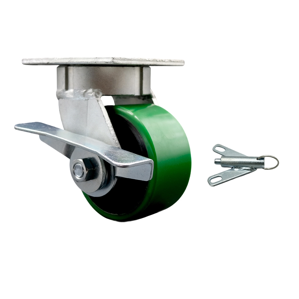 Kingpinless Polyurethane on Cast Iron Swivel Top Plate Caster w/4" x 2" Green Wheel & Side Lck Brake and Bolt on Swivel Lock - 700 lbs Capacity/Caster - Service Caster Brand — photo 1