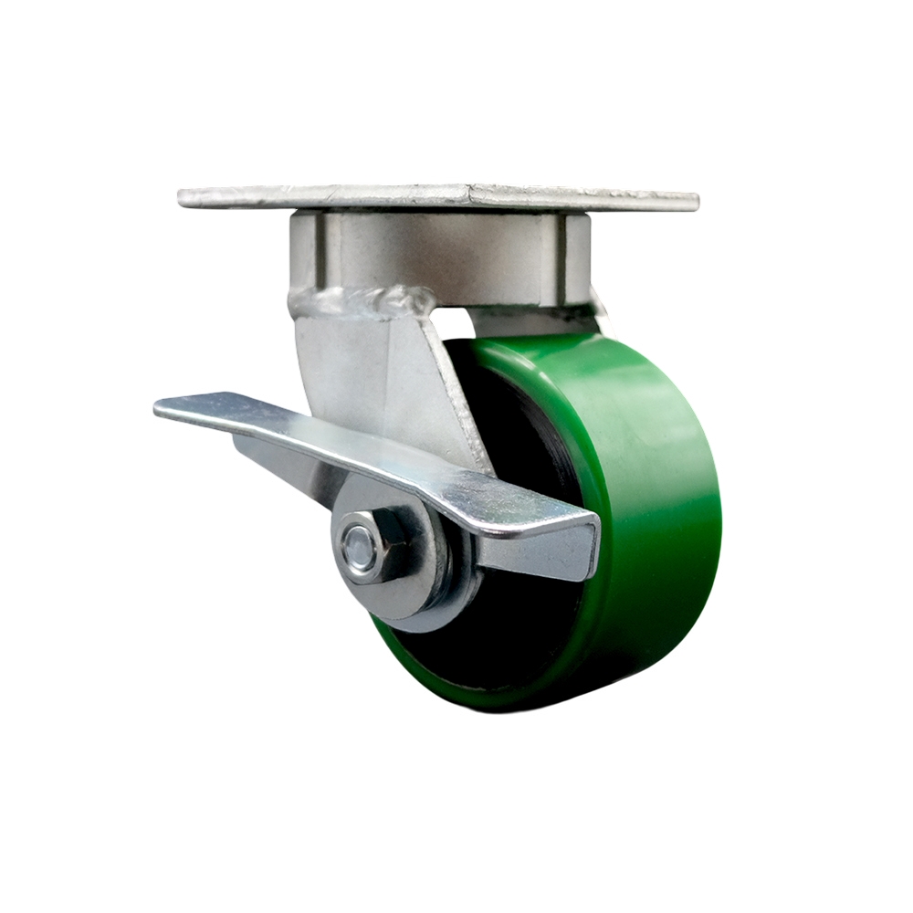 Heavy Duty Kingpinless Swivel Top Plate Caster with Side Lock Brake and 4 Inch Green Polyurethane on Cast Iron Wheel with Ball Bearings - 700 lbs. Capacity/Caster - Service Caster Brand — photo 1