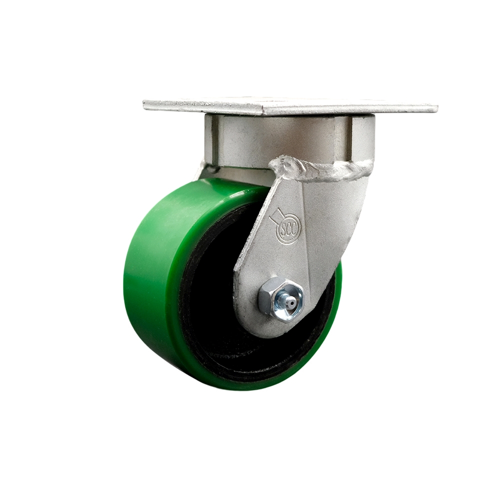 Heavy Duty Kingpinless Swivel Top Plate Caster with 4 Inch Green Polyurethane on Cast Iron Wheel and Ball Bearings - 700 lbs. Capacity/Caster - Service Caster Brand — photo 1