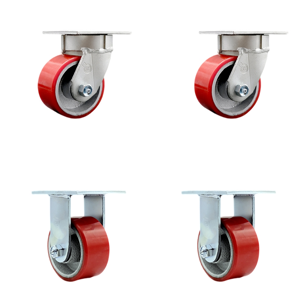 Kingpinless Polyurethane on Cast Iron Swivel Top Plate Caster Set of 4 w/4" x 2" Red Wheels - Includes 2 Swivel & 2 Rigid - 2800 lbs Total Capacity - Service Caster Brand — photo 1