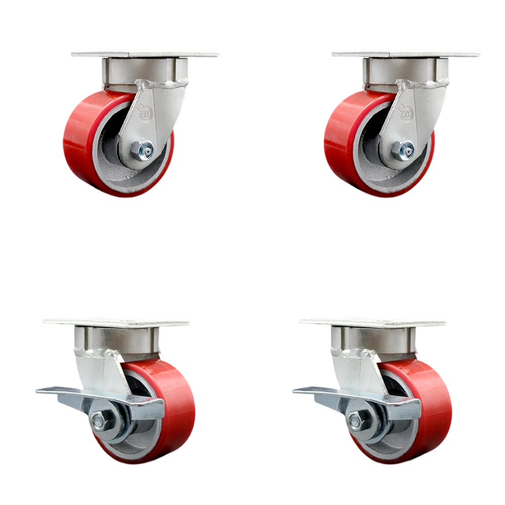 Kingpinless Polyurethane on Cast Iron Swivel Top Plate Caster Set of 4 w/4" x 2" Red Wheels - Includes 2 Swivel with Brakes & 2 Swivel - 2800 lbs Total Capacity - Service Caster Brand — photo 1