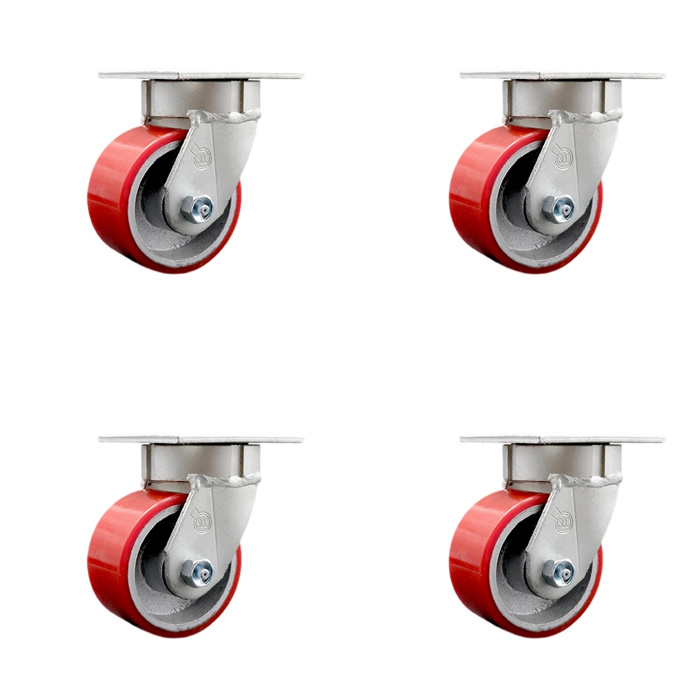 Kingpinless Polyurethane on Cast Iron Swivel Top Plate Caster Set of 4 w/4" x 2" Red Wheels - Includes 4 Swivel - 2800 lbs Total Capacity - Service Caster Brand — photo 1