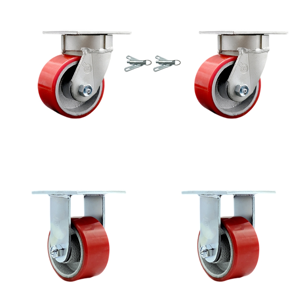 Kingpinless Polyurethane on Cast Iron Swivel Top Plate Caster Set of 4 w/4" x 2" Red Wheels - Includes 2 Swivel with Bolt on Swivel Locks & 2 Rigid - 2800 lbs Total Capacity - Service Caster Brand — photo 1