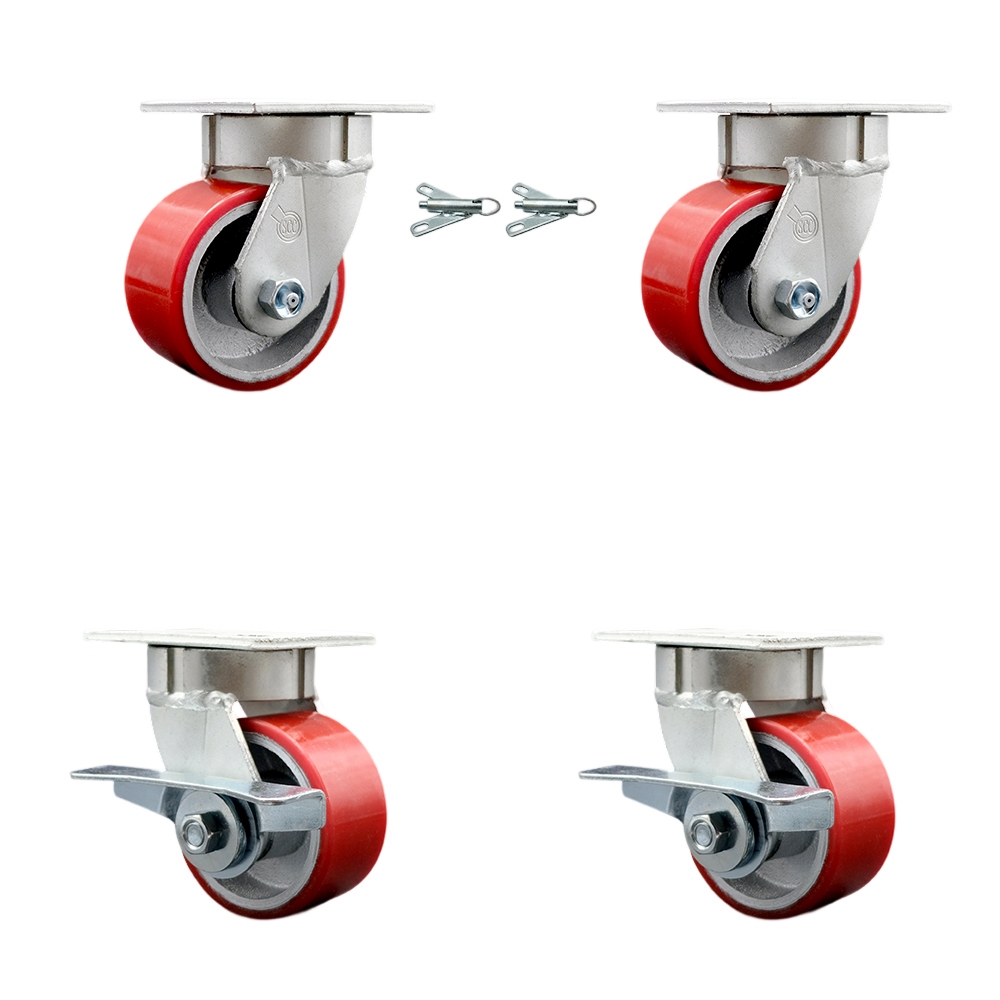Kingpinless Polyurethane on Cast Iron Swivel Top Plate Caster Set of 4 w/4" x 2" Red Wheels-Includes 2 Swivel with Bolt on Swivel Locks& 2 Swivel with Brakes-2800 lbs Total Cpty - Service Caster Brand — photo 1