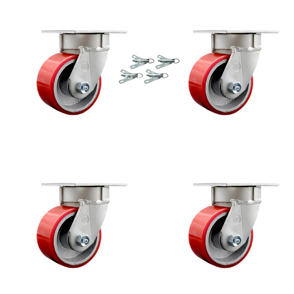 Kingpinless Polyurethane on Cast Iron Swivel Top Plate Caster Set of 4 w/4" x 2" Red Wheels - Includes 4 Swivel w/Bolt on Swivel Locks - 2800 lbs Total Capacity - Service Caster Brand — photo 1