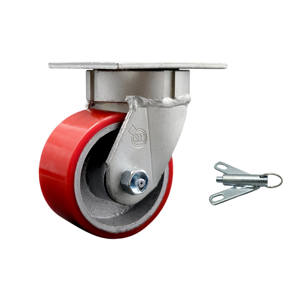 Kingpinless Polyurethane on Cast Iron Swivel Top Plate Caster w/4" x 2" Red Wheel & Bolt on Swivel Lock - 700 lbs Capacity/Caster - Service Caster Brand — photo 1